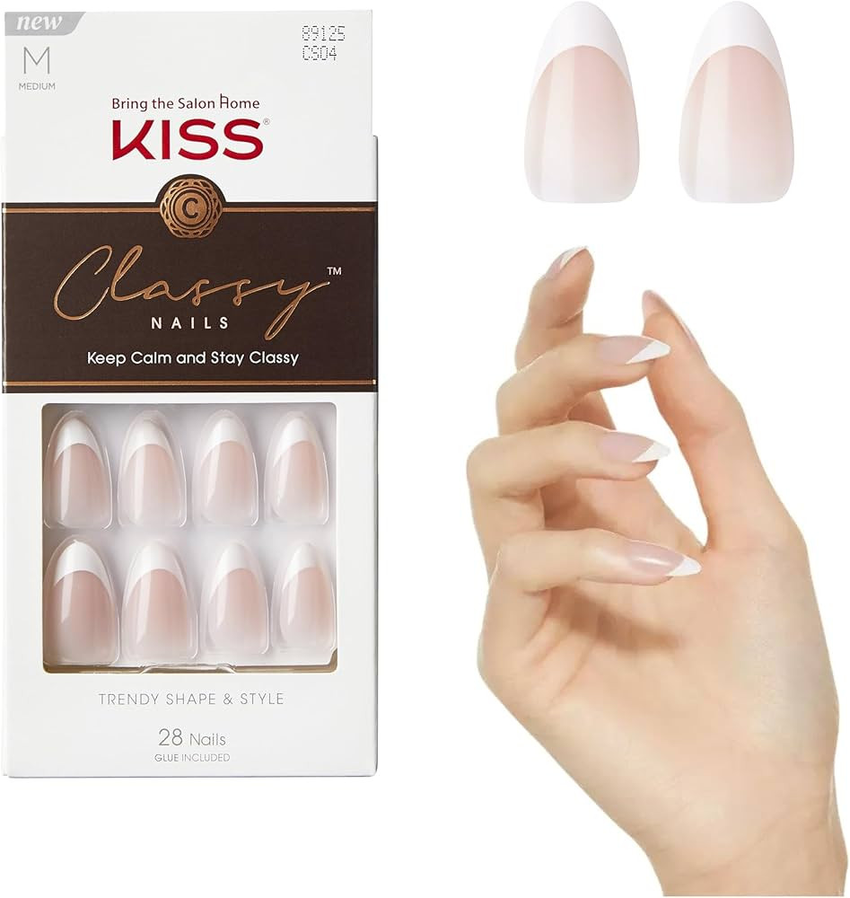 KISS Classy, Press On Nails, Nail glue included, 'Dashing', Light White, Medium Size, Almond Shap... | Amazon (US)