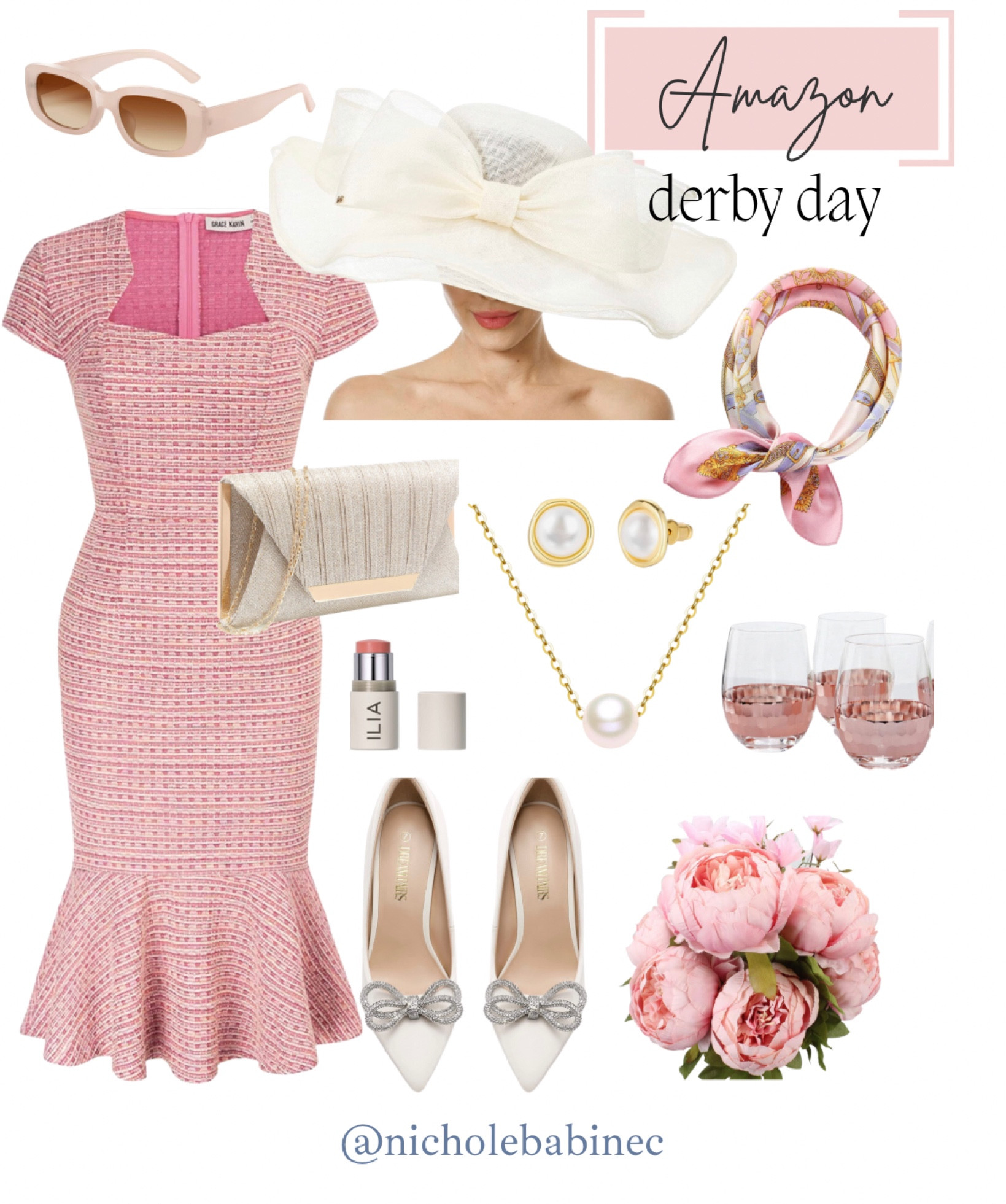 Derby outfit inspo -pink tweed pencil dress, hat with large bow, silk neck scarf, cream pumps with large bow, pearl earrings, pear necklace, cream and gold clutch, blush sunglasses, rose win glasses, peonies. 

#LTKcurves #LTKSeasonal #LTKFind