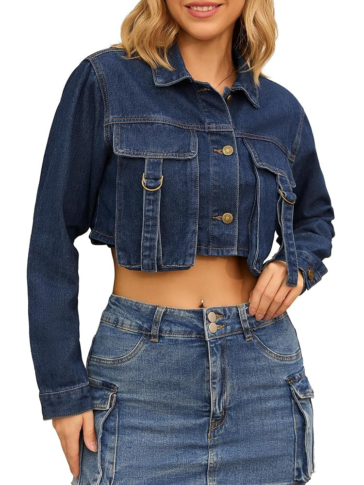 Women Cropped Jean Jacket Trendy Button Down Collared Short Denim Jackets | Amazon (US)
