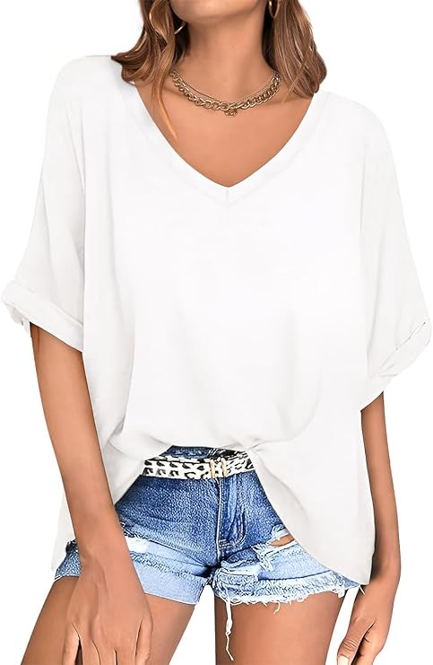 UEU Womens Oversized T-Shirts Summer V Neck Casual Shirts Short Sleeve Workout Tunic Tops | Amazon (US)