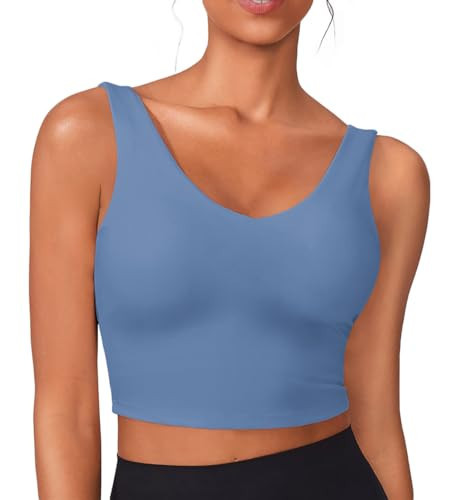 PINSPARK Sport Bras for Women Athletic Tank Tops Padded Yoga Tops with Built in Bras Soft Wirefree V Neck Workout Tank X-Large,Oasis Blue | Amazon (US)