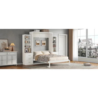 Queen Size Murphy Bed With Storage Shelves And Drawers, Whie | Wayfair North America