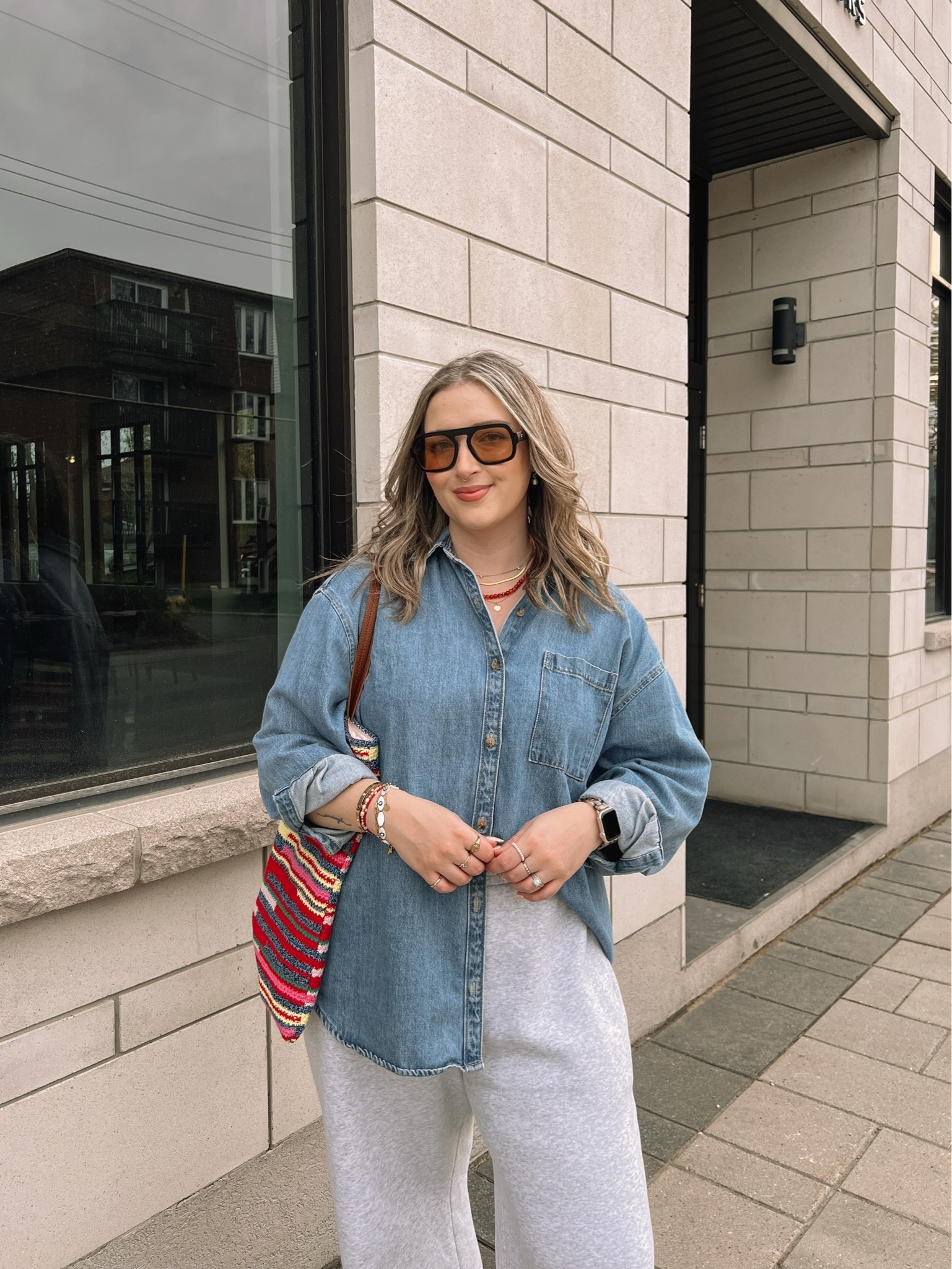 Comfy casual spring outfit! Canadian Old Navy & Gap links are under “similar products”. Wearing my usual size L in the oversized denim shirt (one of my most worn pieces!) and L in the wide leg sweatpants. This striped crochet bag is such a fun pop of color to make a simple outfit more interesting!

#LTKsale #LTKmidsize #LTKbag