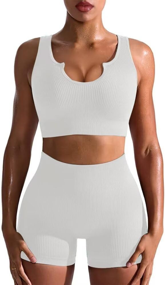 YVYVLOLO Workout Sets for Women 2 Piece Seamless Ribbed Sports Bra High Waist Yoga Shorts Outfits | Amazon (US)