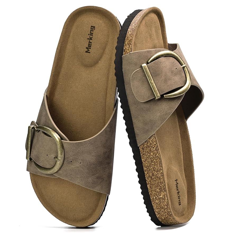 Merking Women's Cork Footbed Sandal Adjustable Buckle Beach Casual Open Toe Slides | Amazon (US)