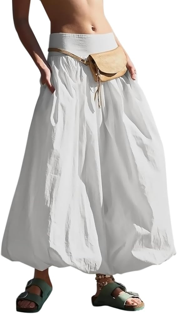 Women Y2k Bubble Maxi Skirt Summer Elastic Low Waist A Line Long Skirt Casual Fairy Ruffle Pleate... | Amazon (US)