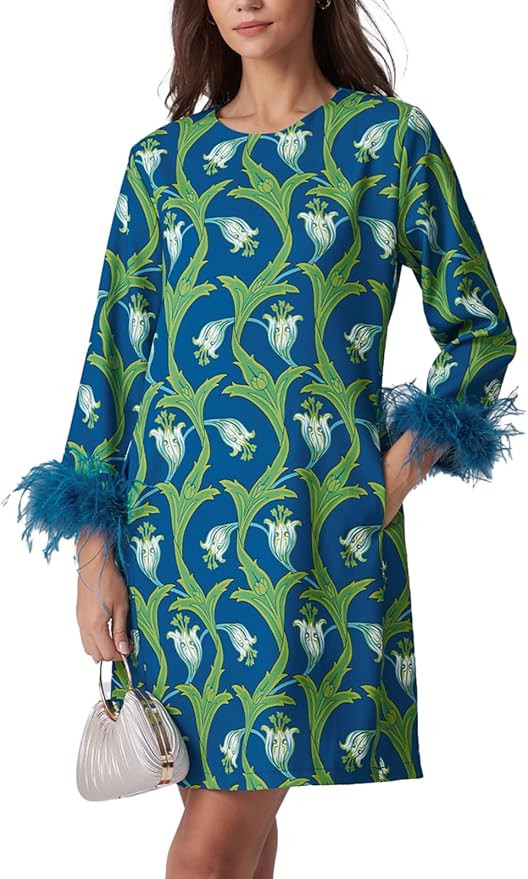 D-Sun Women Feather Dress Round Neck Casual 3/4 Feather Sleeves Party Dress Elegant Wedding Guest... | Amazon (US)