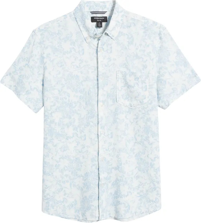 Family Moments Trim Fit Floral Short Sleeve Linen Blend Button-Down Shirt | Nordstrom