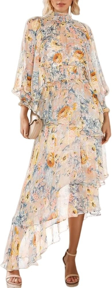 Women's Loose High Neck Maxi Dress Casual Beige Match Flower Print Design Long Sleeve Dresses 202... | Amazon (US)