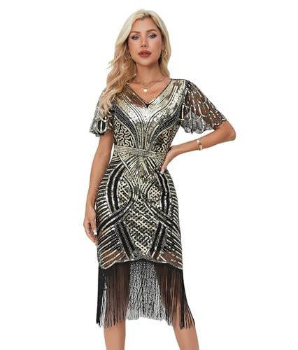 DQHKOW 1920s Gatsby Flapper Dress Sequin Beaded Tassel Vintage Evening Gown (US, Alpha, Large, Regular, Regular, Black Gold V-Neck) | Amazon (US)