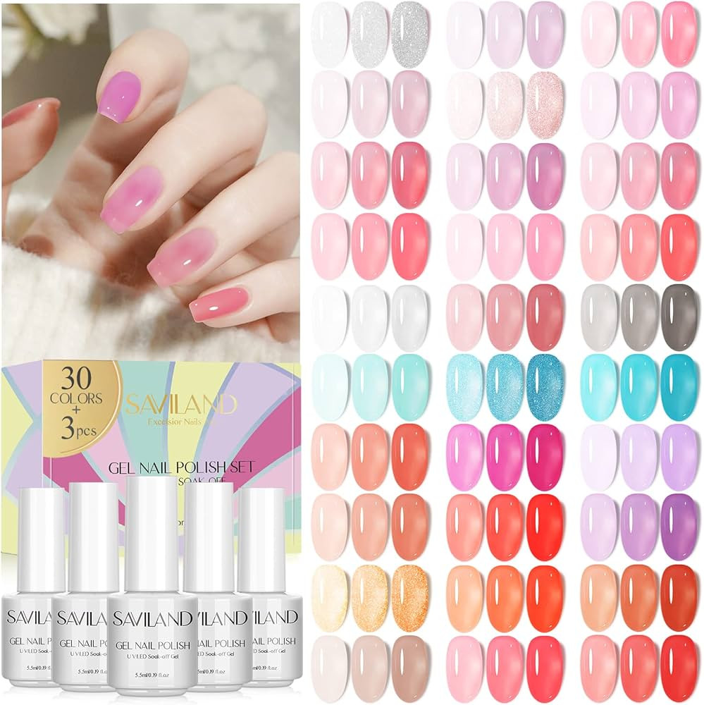 SAVILAND 33pcs Jelly Gel Nail Polish Set, Sheer Red Pink White Nudes Gel Polish Translucent Color... | Amazon (US)