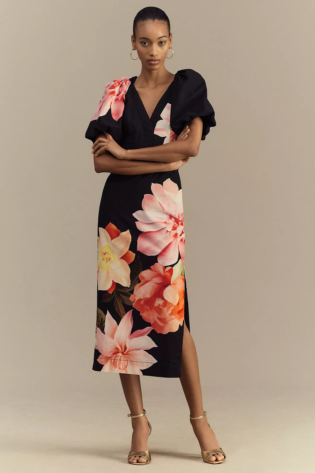 BHLDN Brooke Puff-Sleeve V-Neck Midi Dress | Anthropologie (US)