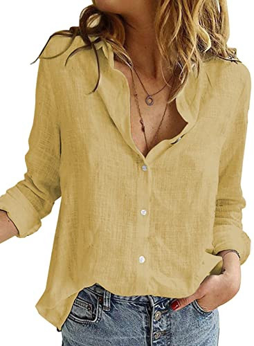 Astylish Linen Top for Women Lightweight Comfy Blouses & Button-Down Shirts Yellow XX-Large | Amazon (US)