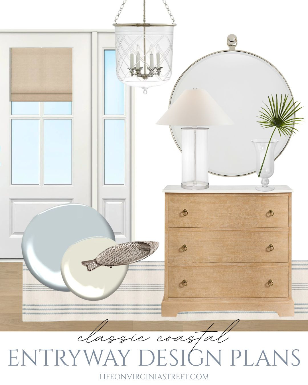 Our classic coastal entryway design plans featuring a light wood and marble chest, round silver mirror, glass bell lantern, blue and white striped rug, palm and fish accesories and a blue painted door. See the full design plans here: https://lifeonvirginiastreet.com/classic-coastal-entryway-design-plans/

#LTKSeasonal #LTKHome #LTKSaleAlert