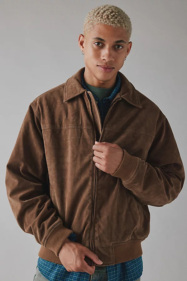 BDG Eric Suedette Bomber Jacket in Tan, Men's at Urban Outfitters | Urban Outfitters (US and RoW)