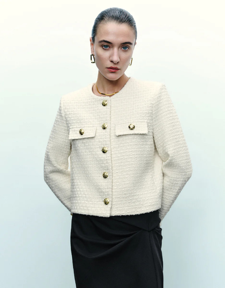 Crew Neck Tweed Jacket | Urban Revivo