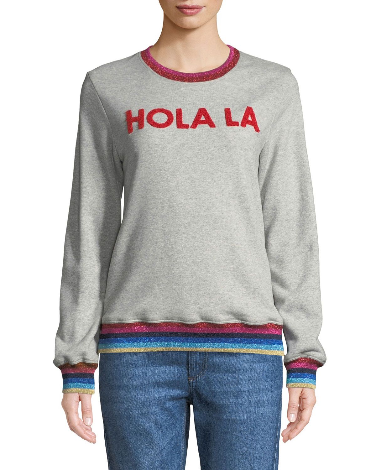 Hola LA Sweatshirt w/ Striped Trim | Neiman Marcus