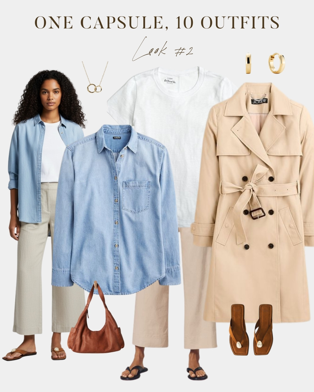 Spring capsule wardrobe outfit for women featuring a denim shirt, wide leg trousers, and a classic trench coat. A polished, comfortable everyday look that works for the office, school drop off, or a casual lunch. Easy to style at any age and versatile enough for any occasion this spring. The trench coat adds a great layering option for cooler or rainy days. Shop the full look via the link. 

 #LTKmomlife #LTKSeasonal #LTKOver40