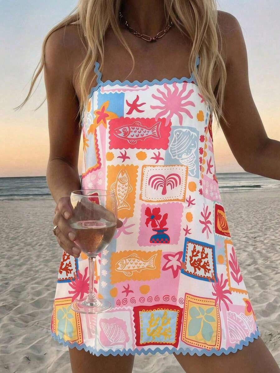 Vivid Eden Seafood Print Sleeveless Dress For Women,Dresses For Women Summer | SHEIN