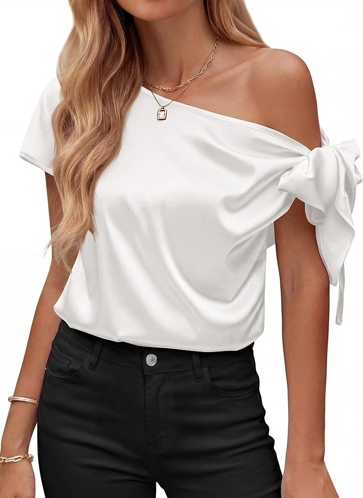 BTFBM Off The Shoulder Tops for Women Summer 2026 Short Sleeve Satin Blouse Shirts Silk Y2K Going... | Amazon (US)