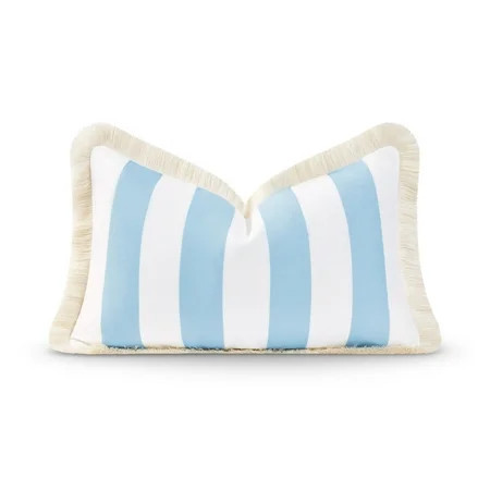 Hofdeco Premium Coastal Hampton Style Patio Indoor Outdoor Lumbar Pillow Cover Only, 12"x20" Water Resistant for Backyard, Couch, Baby Blue Stripe Fringe | Walmart (US)