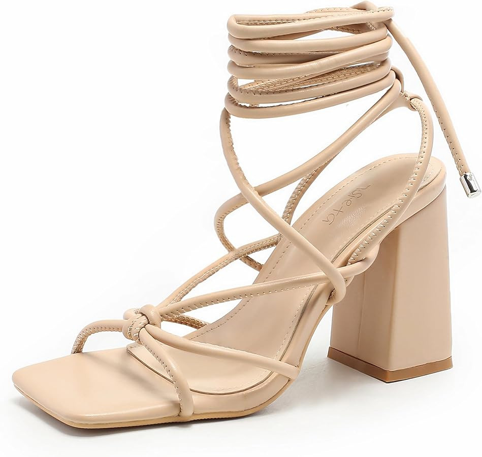 Womens Strappy Heels Lace Up Chunky Heel Sandals, Cute Block Heel Wrap Sandals for Women Dressy S... | Amazon (US)