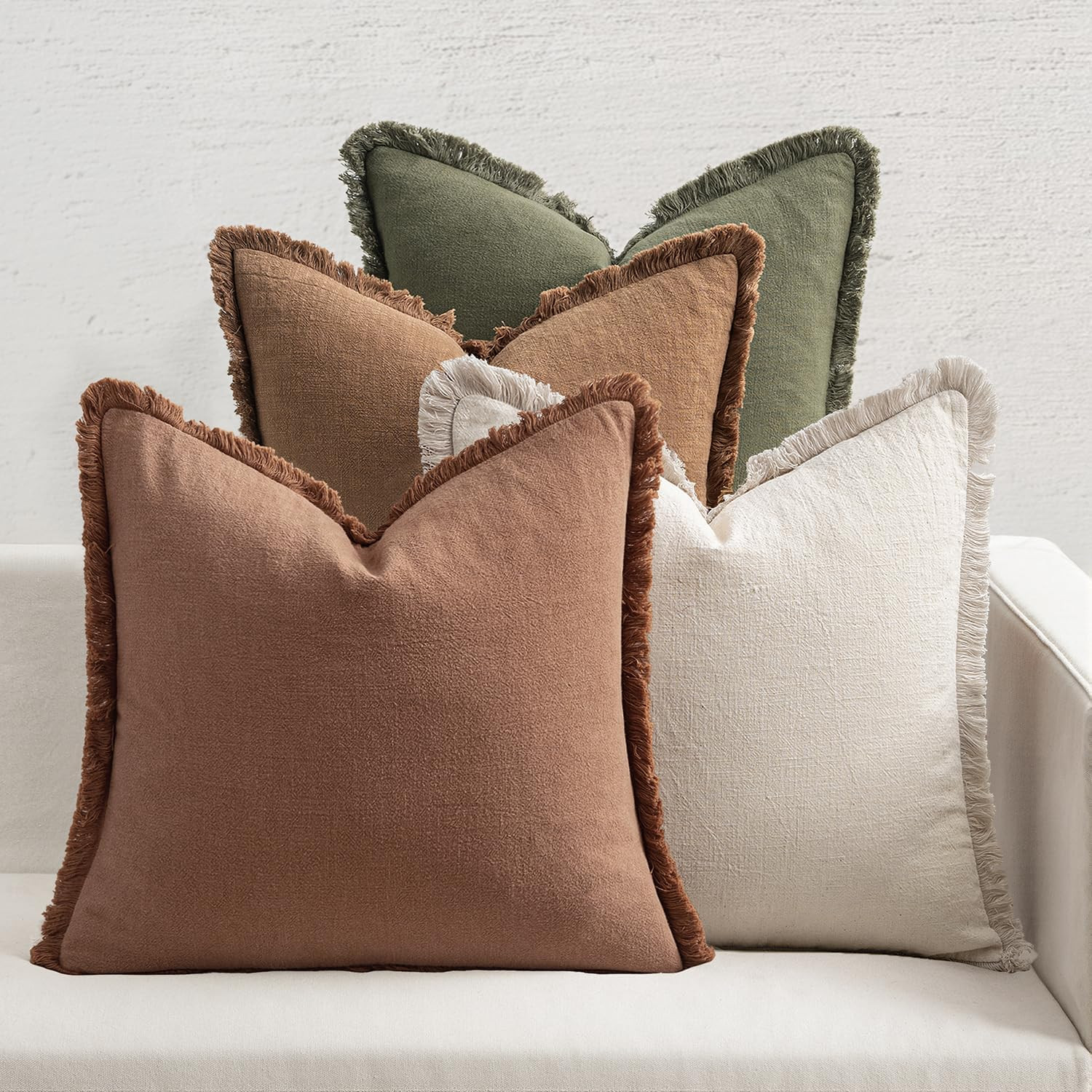 MIULEE Fall Linen Fringe Pillow Covers Set of 4 18x18 Beige/Brown/Green | Amazon (US)