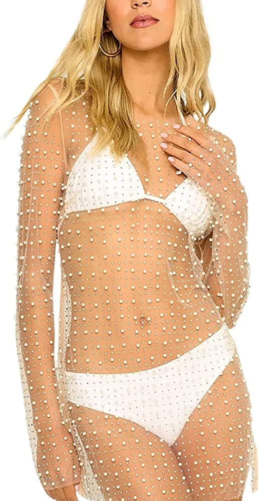 Willow Dance Women's Sheer Mesh Pearl Rhinestone Cover Up Dress Beach Swimwear Bikini Swimsuit Ba... | Amazon (US)