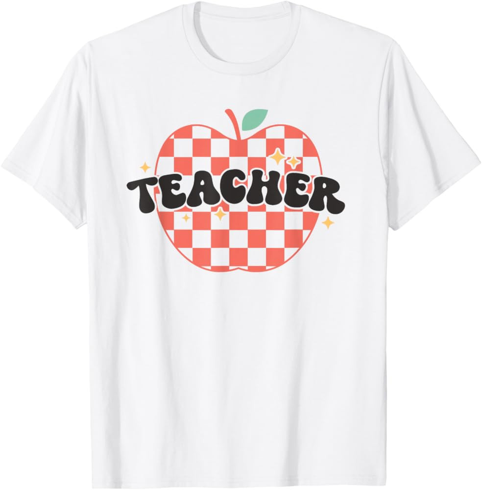 Checkered Pattern Apple School Teacher Teaching Pride Retro Men Women T-Shirt | Amazon (US)