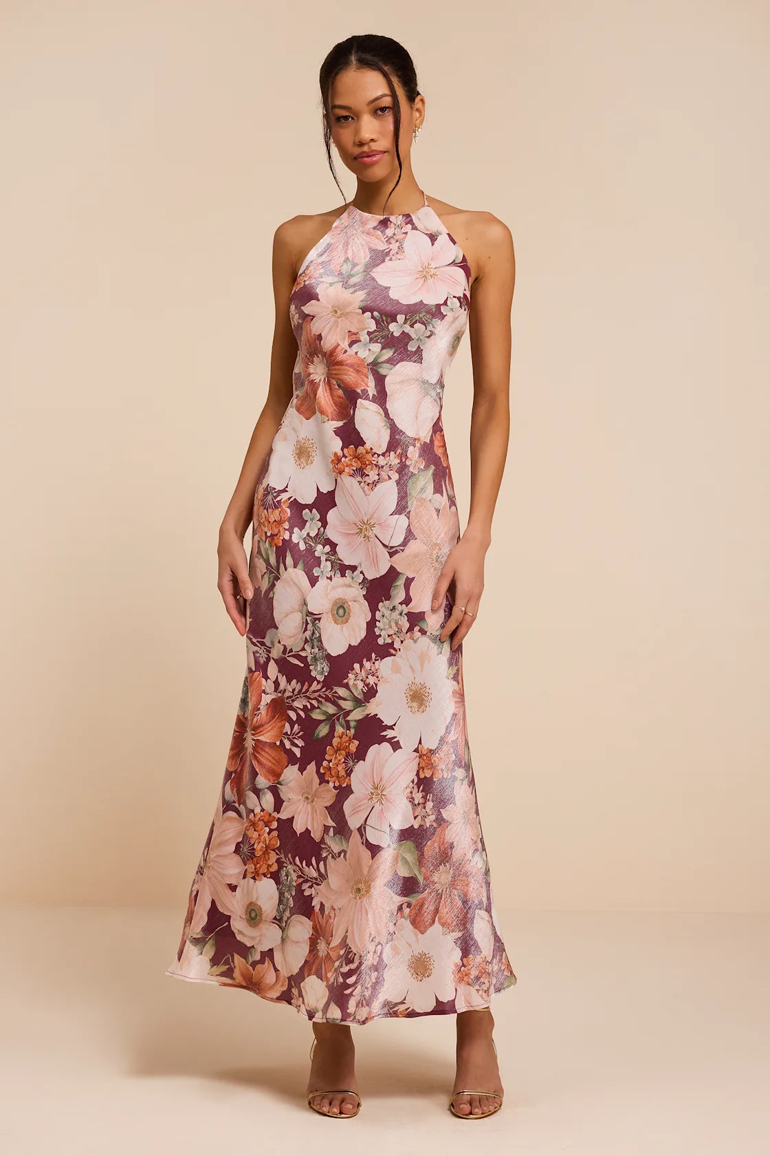 Sidney Dark Mauve Multi Floral Halter Maxi Dress | Lulus
