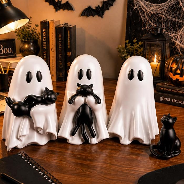 RattanView 4 Pcs Halloween Ghost Table Decorations, 6" Cute Resin Ghost and Black Cat Figurines, Spooky Gothic Ornaments for Indoor Home Shelf Mantel Display, Cat Lovers Gift | Amazon (US)