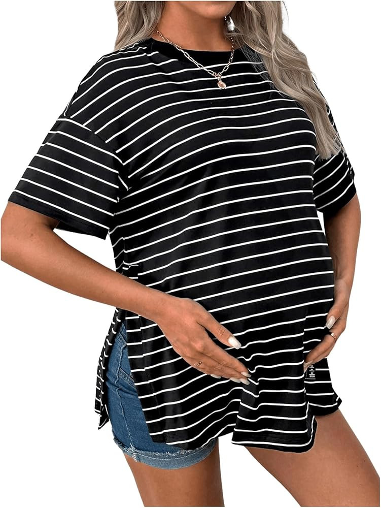 OYOANGLE Women's Maternity Tops Striped Print Split Side Short Sleeve Tee Shirts Pregnancy Clothe... | Amazon (US)