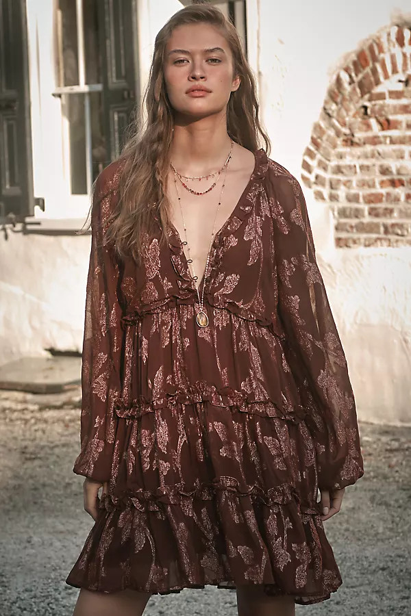 By Anthropologie Long-Sleeve Tiered Metallic Mini Dress | Anthropologie (US)