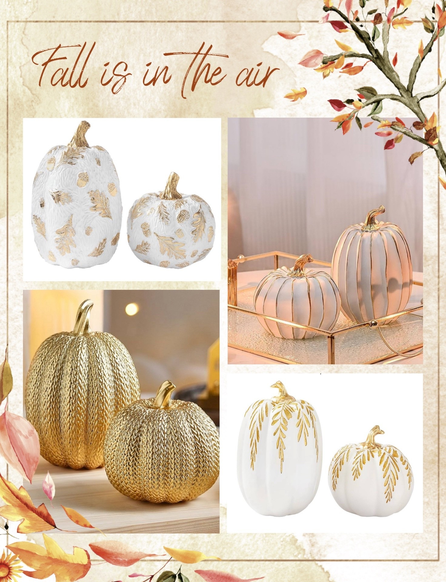 🍂✨ Fall is in the air, and these chic pumpkins bring the perfect touch of cozy glam to your seasonal décor! Whether styled on your entryway table, coffee table, or as a dining centerpiece, each one blends classic autumn charm with modern elegance.

🧡 The white pumpkins with golden leaf detailing add a timeless, elevated touch that pairs beautifully with any neutral fall setup.
💛 The gold knit-textured pumpkins bring warmth and texture, making them a standout accent.
🤍 The striped metallic pumpkins feel modern yet festive, perfect for a subtle sparkle.
🍁 The leaf-trimmed white pumpkins tie it all together with a mix of sophistication and cozy fall vibes.

These pieces are budget-friendly Amazon finds that look high-end, making it easy to refresh your space for autumn. Perfect for cozy nights in, hosting friends, or simply enjoying a stylish seasonal home.

✨ Shop these exact pumpkins in my LTK to recreate this elegant fall look in your own home!


#LTKHome #LTKFindsUnder50 #LTKFindsUnder100