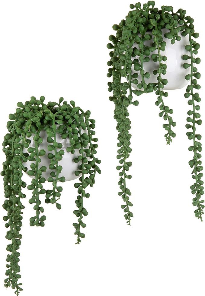 MyGift Artificial Faux String of Pearls Plants in White Ceramic Wall Hanging Planter Pot with Jut... | Amazon (US)