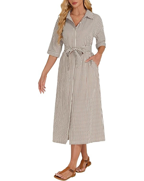 Women's Half Sleeve Plaid Maxi Dress Collar V Neck Belted Dress Casul Button Down Long Loose Dres... | Amazon (US)