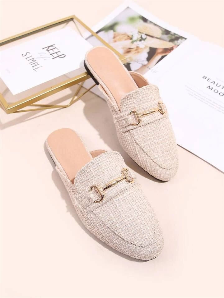 Women Apricot Metal Decor Flats, Fashionable Round Toe Loafer Mules | SHEIN