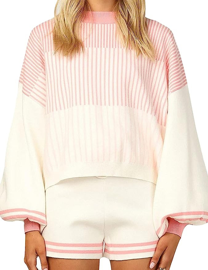 Gihuo Women' s Striped 2 Piece Outfits Crewneck Knit Pullover Sweater Shorts Set | Amazon (US)