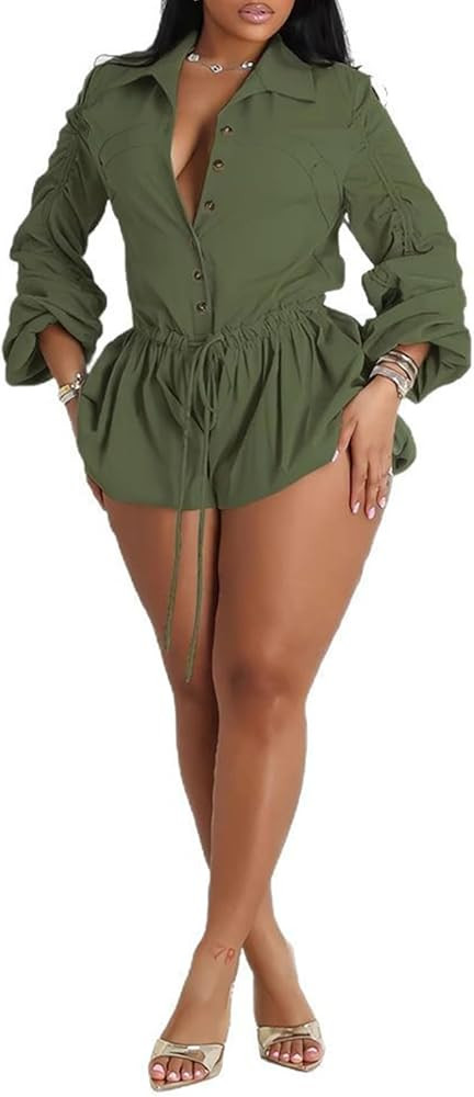 Famnbro Womens Summer Rompers Long Sleeve V Neck Drawstring Bubble Short Cute Jumpsuit One Piece ... | Amazon (US)