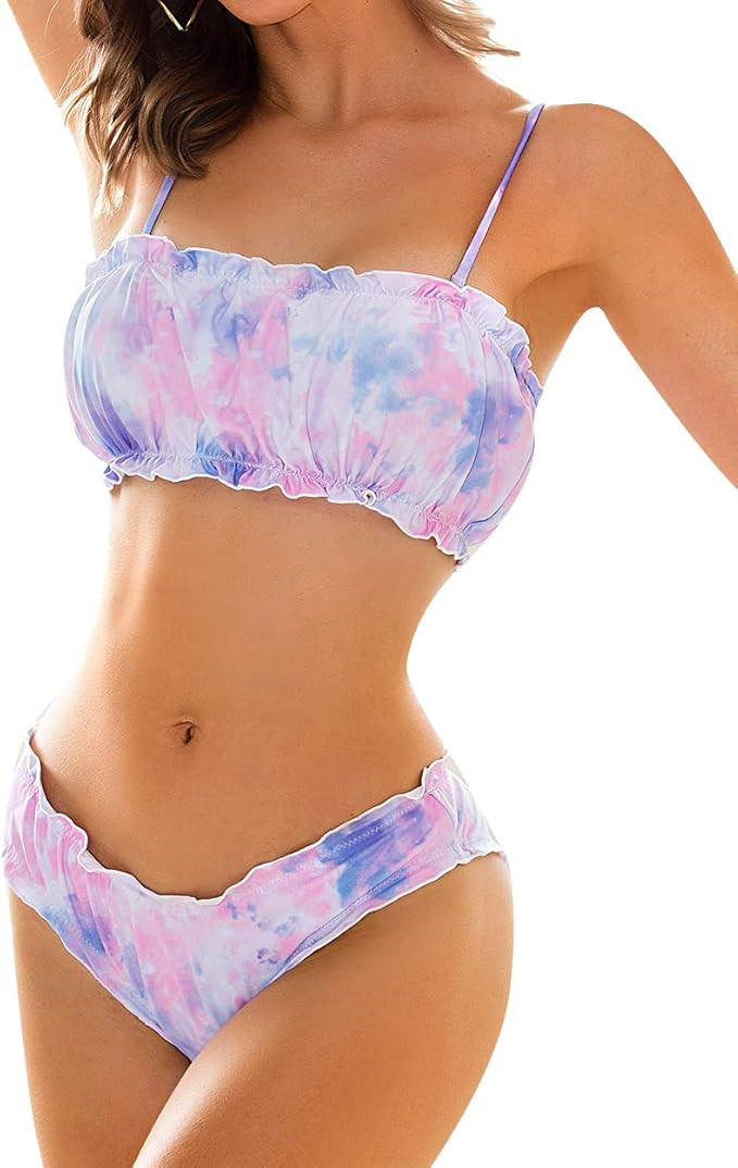 RXRXCOCO Womens Shirred Bandeau Bikini Cute Two Piece Swimsuit Off Shoulder High Waist Bathing Su... | Amazon (US)