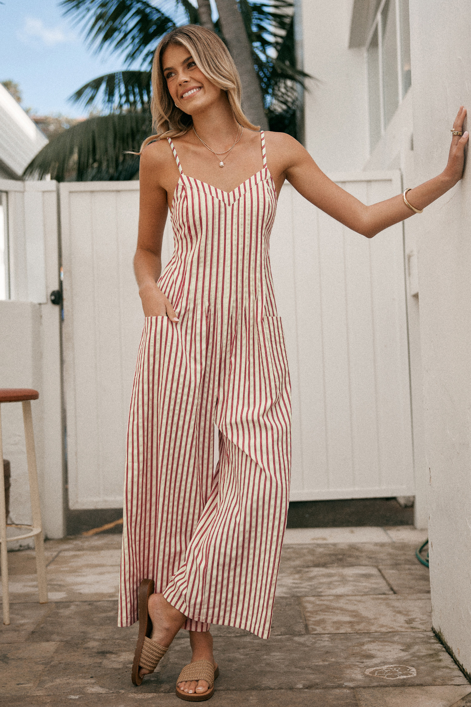 Striped Sleeveless V-Neck Wide Leg Jumpsuit | Cupshe US