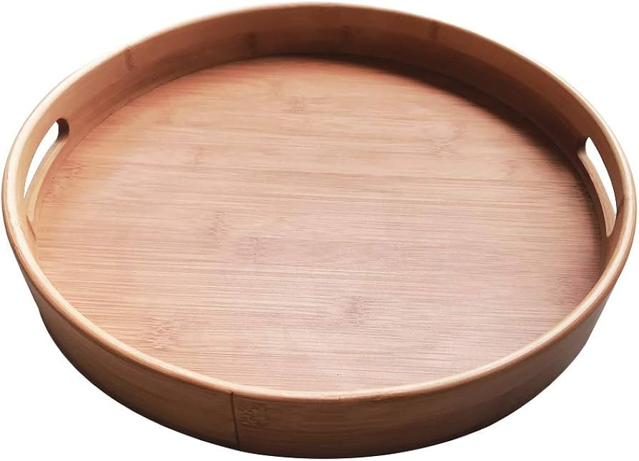 Bamboo Wood Natural Round Serving Tray, Raised Edge, Food Tray, Cut-Out Handles (40*40*5cm) | Amazon (US)
