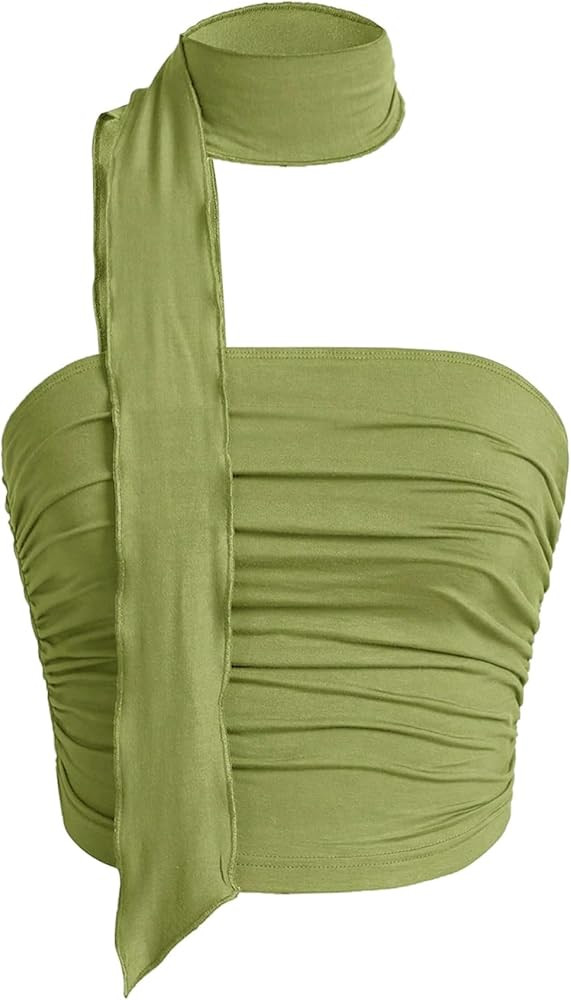 MakeMeChic Women's Ruched Strapless Tube Top Sleeveless Fitted Going Out Crop Tops with Scarf | Amazon (US)