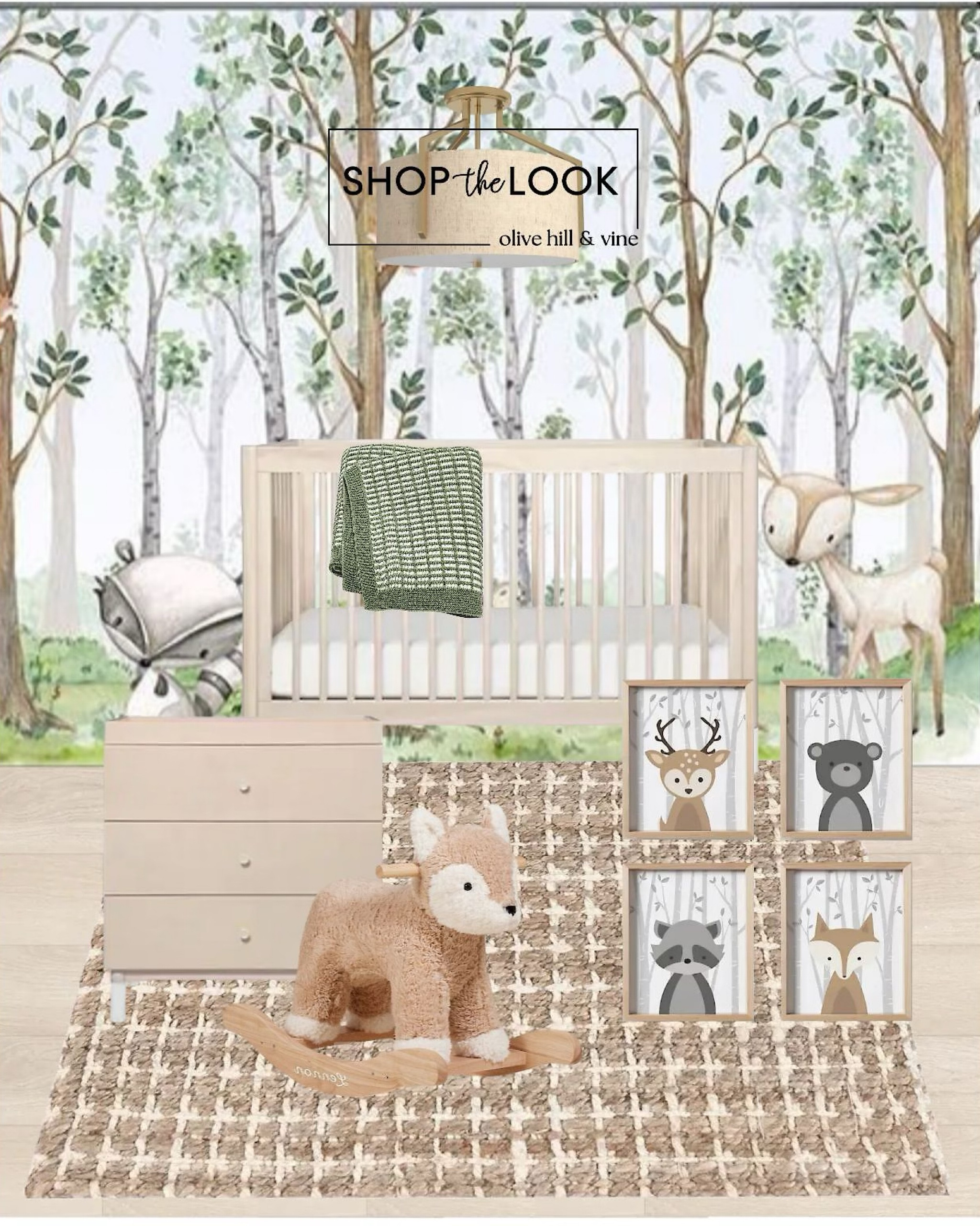 Create a cozy retreat in your neutral nursery adorned with an adorable forest animal theme. The ambiance is set with charming woodland creature artwork, a round semi flush mount fabric light, a sherpa fox rocker, watercolor cartoon forest wallpaper, a handmade jute and sisal beige rug, and a convertible nursery furniture set in a washed natural finish for a timeless touch of enchantment.

#LTKhome #LTKbump #LTKbaby