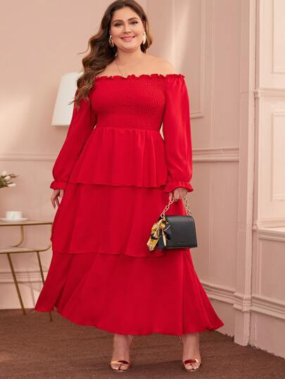 Plus Shirred Frill Layered Hem A-line Dress | SHEIN