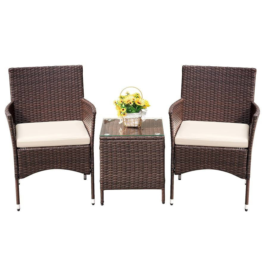 Devoko Patio Porch Furniture Sets 3 Pieces PE Rattan Wicker Chairs with Table Outdoor Garden Furn... | Amazon (US)