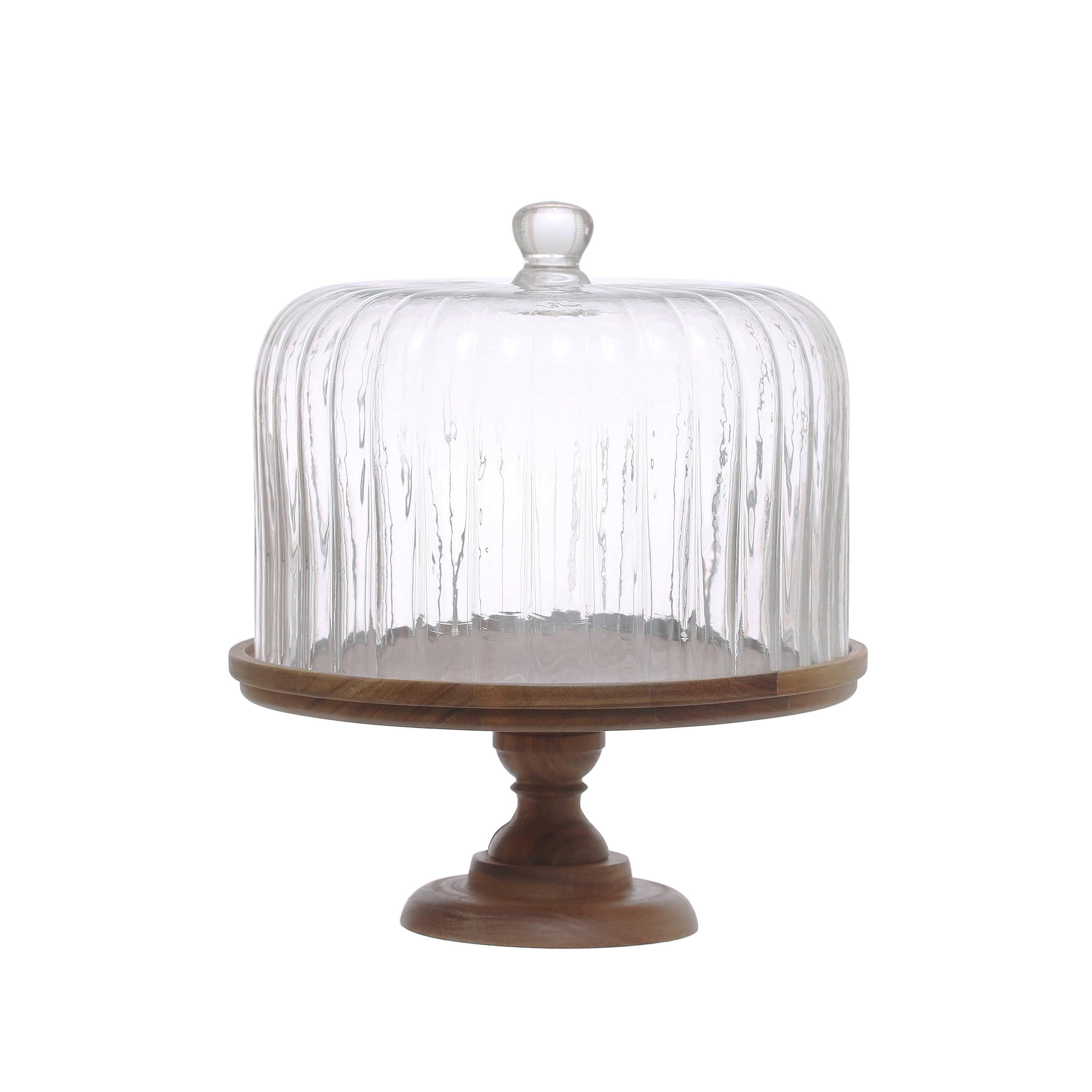 12 Inches Round Acacia Wood Pedestal with Fluted Glass Cloche, Natural, Set of 2 | Amazon (US)