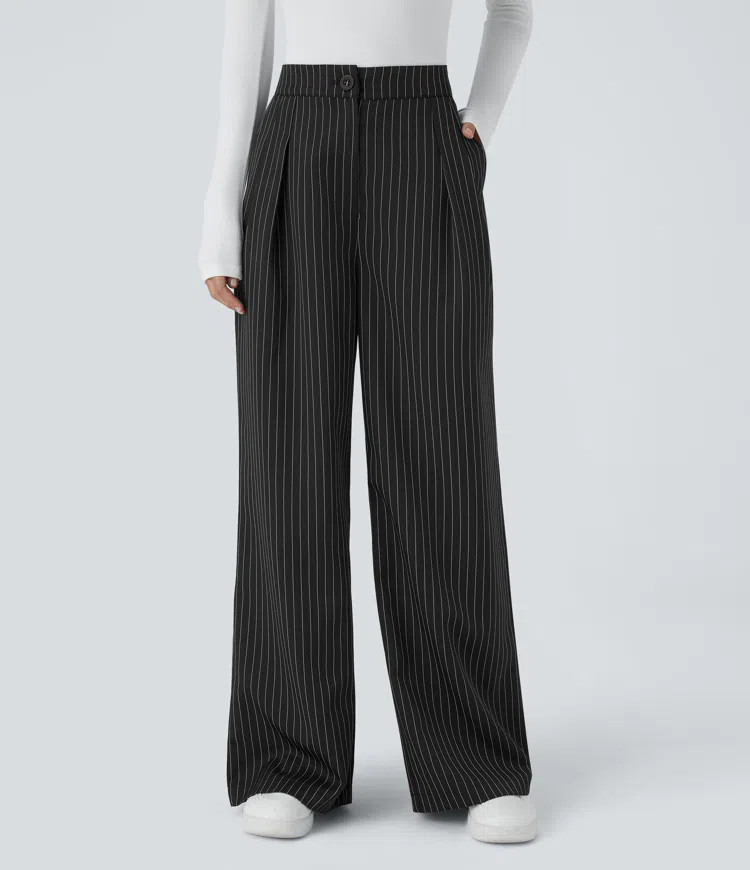 Women’s High Waisted Button Zipper Side Pocket Wide Leg Striped Work Pants - Halara | HALARA