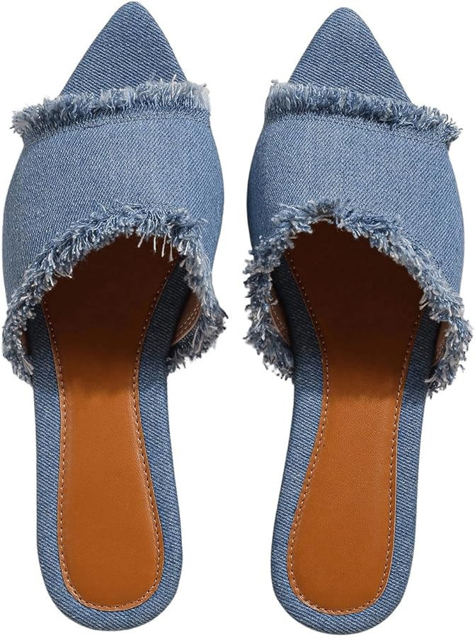 Verdusa Women's Pointed Toe Denim Flat Sandals Open Toess Slip On Summer Flats | Amazon (US)
