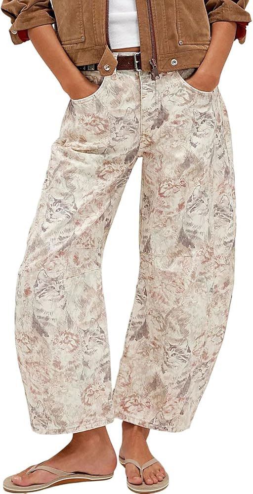 loveimgs Women Baggy Barrel Jeans Mid Rise Printed Denim Pants Wide Leg Jeans Boyfriend Y2k Patch... | Amazon (US)